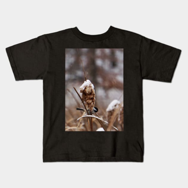 Chickadee in Winter Kids T-Shirt by 1Redbublppasswo